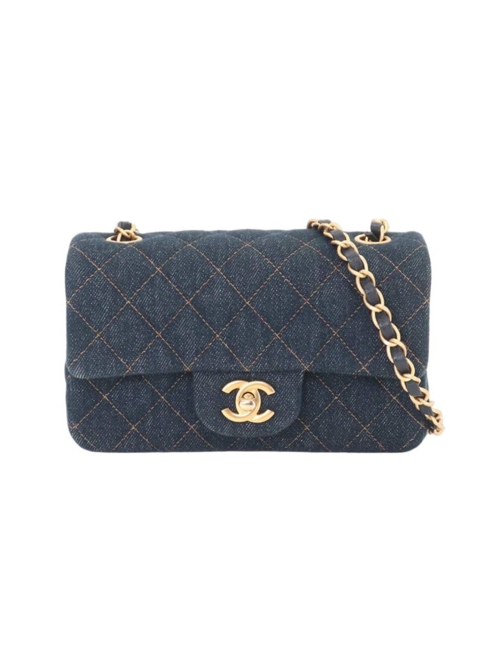 Chanel Mini Quilted Classic Chain Shoulder Bag Denim Dark Blue Gold